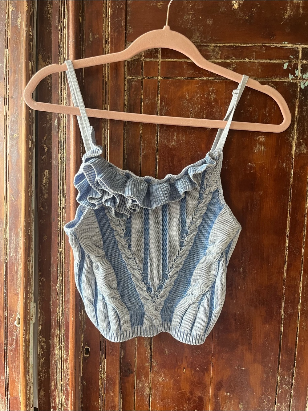 Anthropologie Pale Blue Ruffled Cable-Knit Crop Sweater Tank